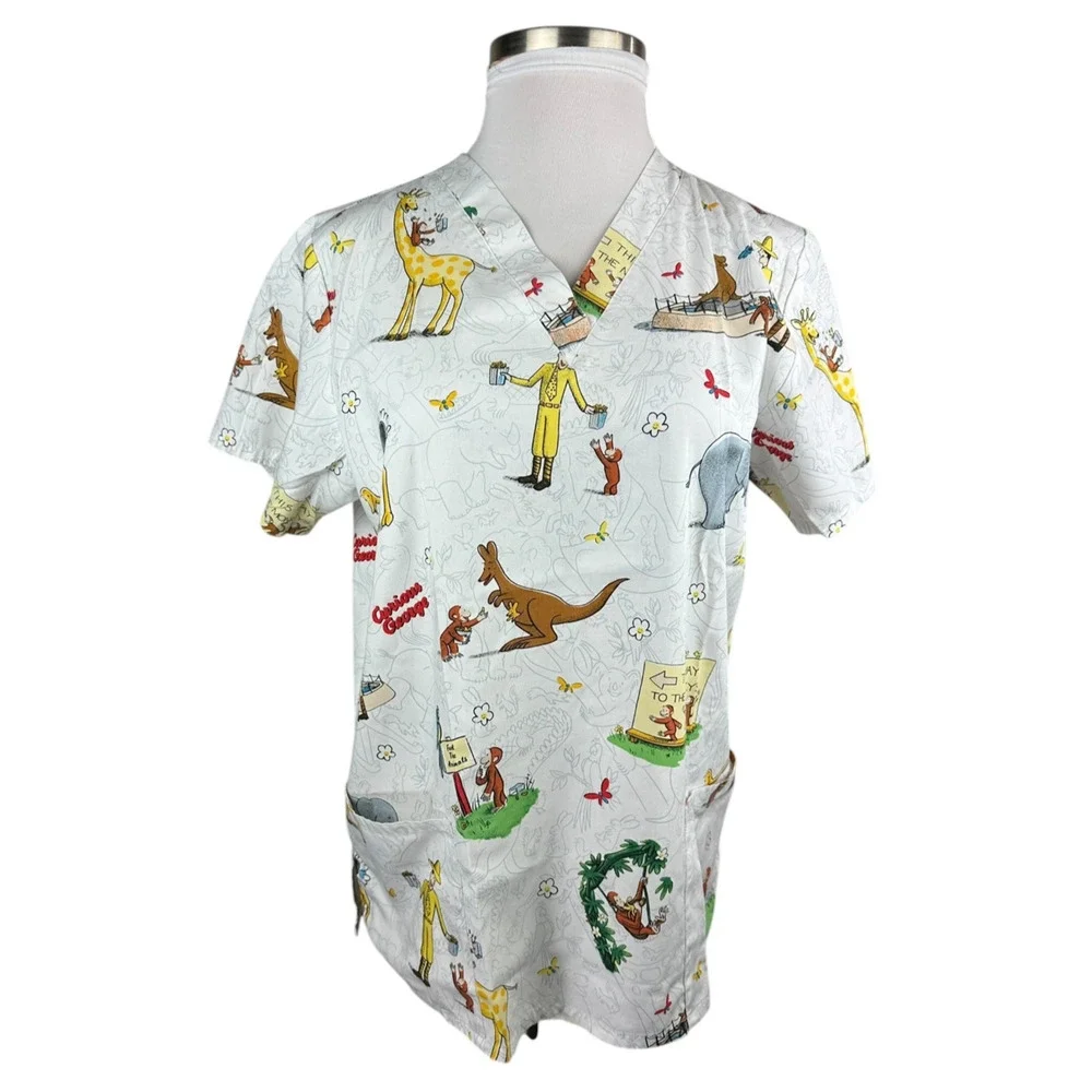 ✨2/$20 Curious George Adventures Cartoon Nurse CNA V-Neck Scrub Top Large - Picture 13 of 13